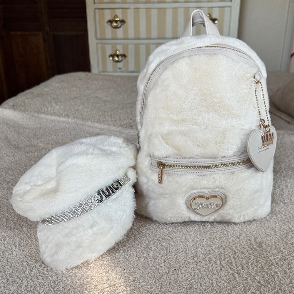 Juicy Couture Fluffy White Kids Backpack and Hat Set